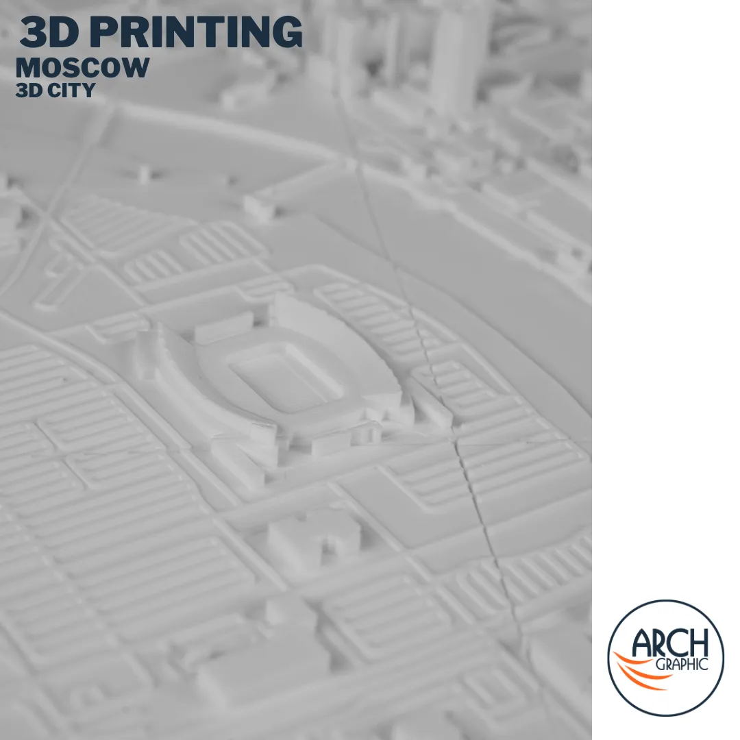 Macro close-up 3D printed Moscow city model showing stadium and arena landmark detail – Arch Graphic UAE 3D printing