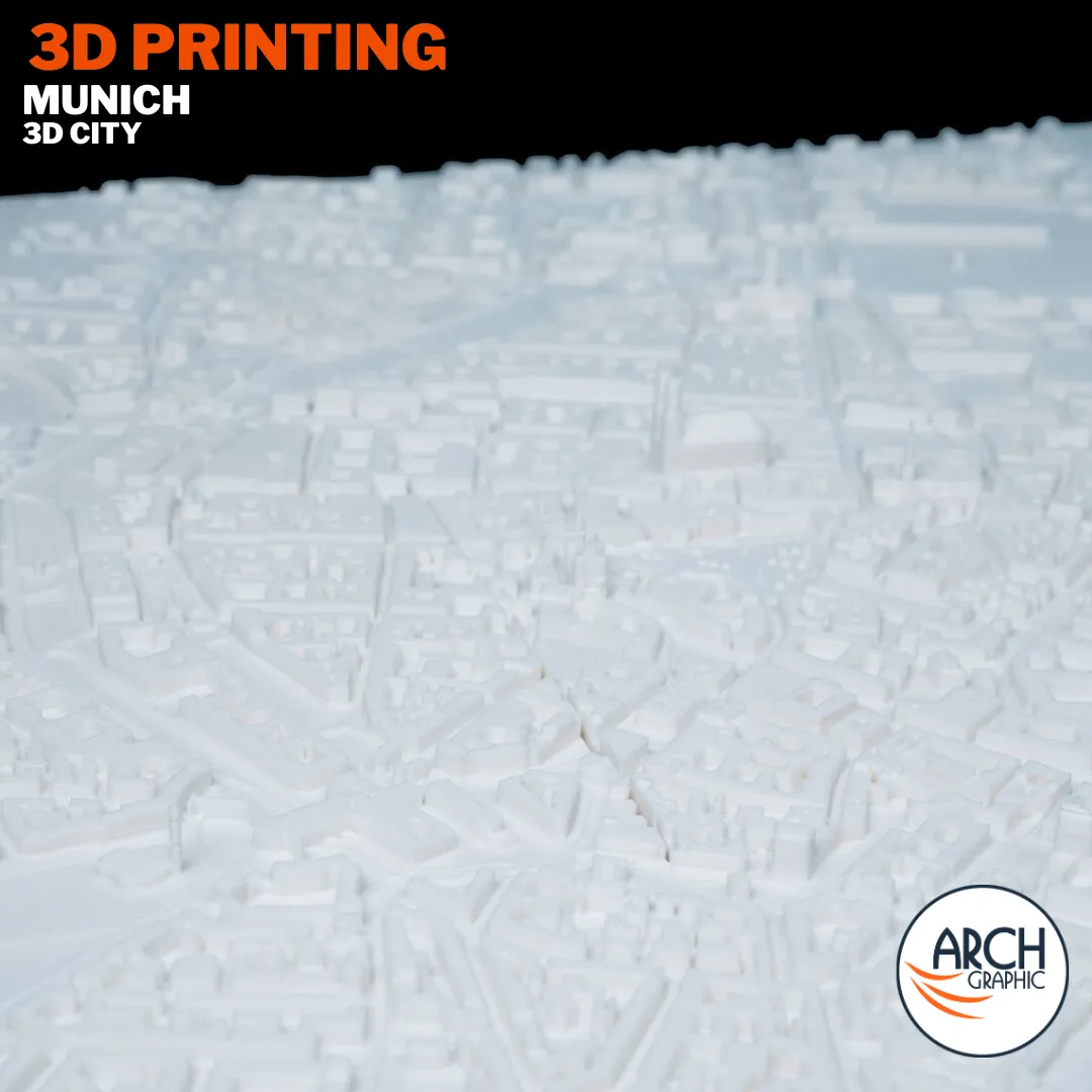 Close-up 3D printed Munich city map showing architectural detail – Arch Graphic 3D printing Dubai UAE