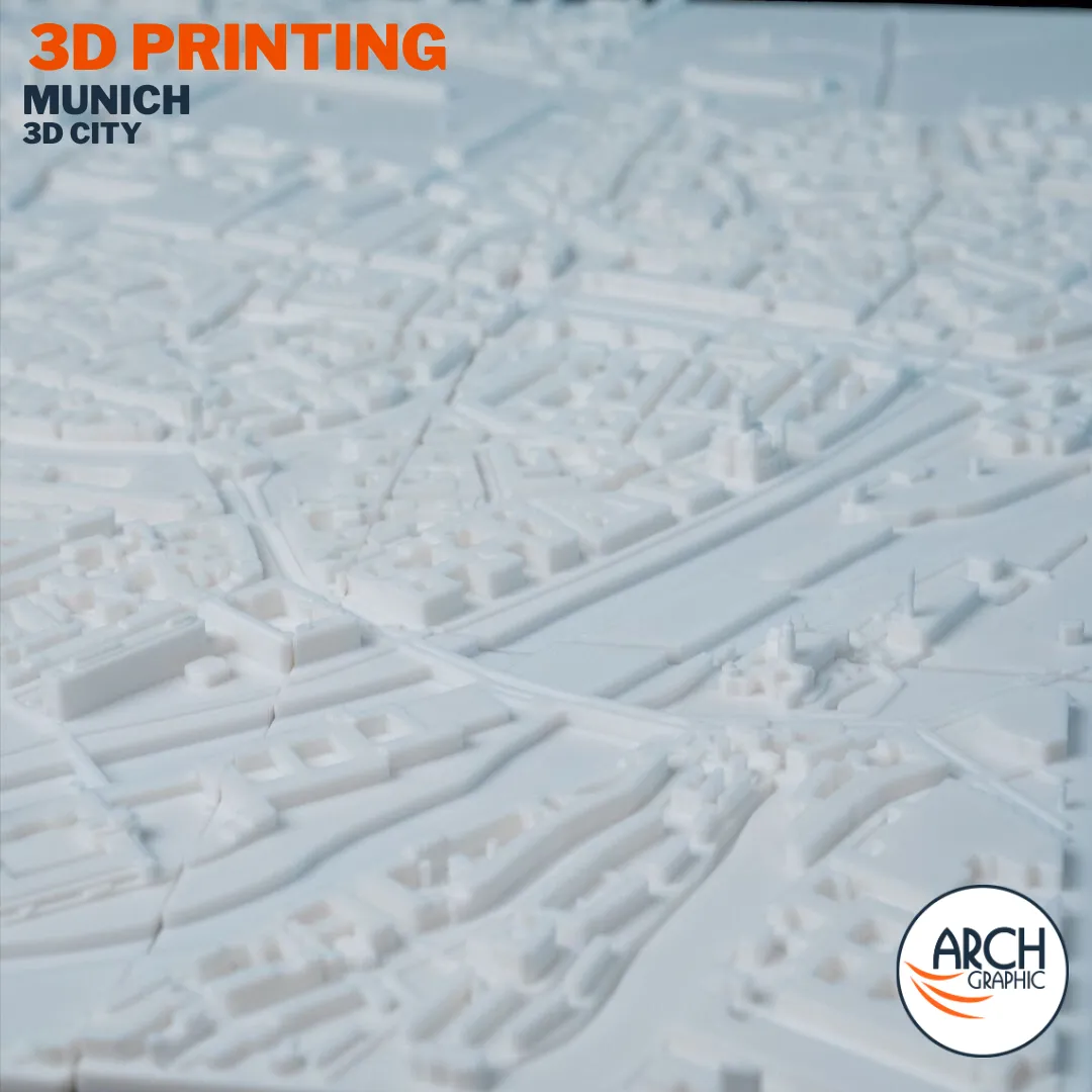 Wide angle 3D printed Munich urban scale model with street grid detail – Arch Graphic UAE 3D printing