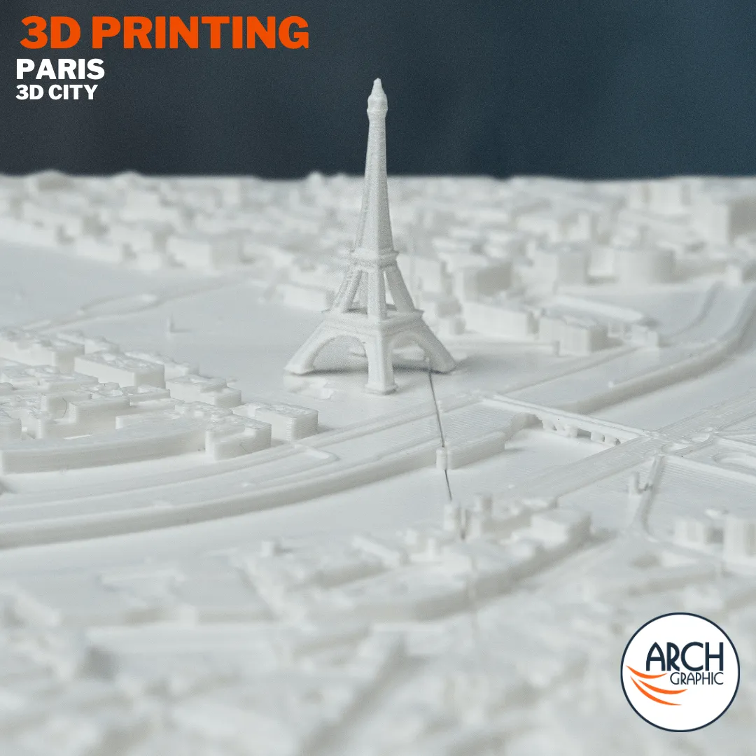 3D printed Paris Eiffel Tower and Seine river close-up - precision architectural model UAE