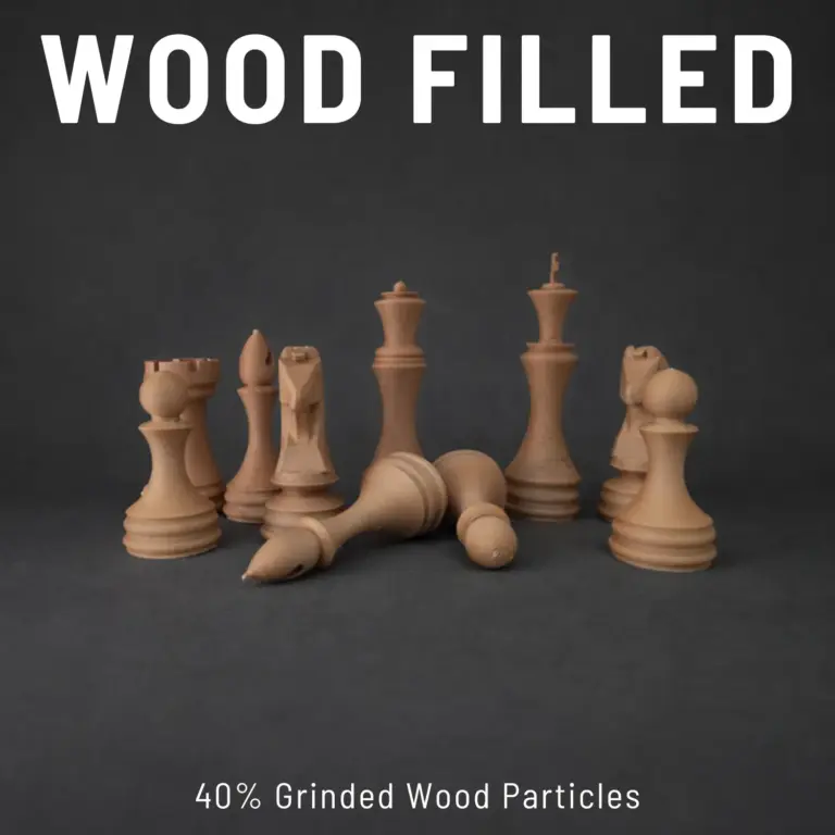 Wood filled 3D printed chess set pieces - natural wood texture custom gifts UAE