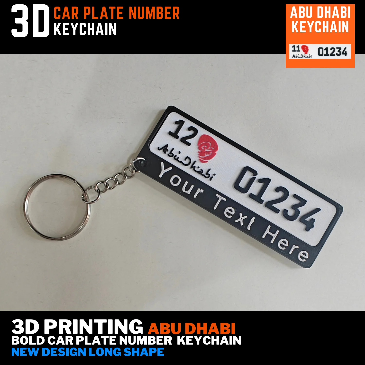 Abu Dhabi new long number plate keychain with a red logo, black lettering, personalised name bar and silver keyring