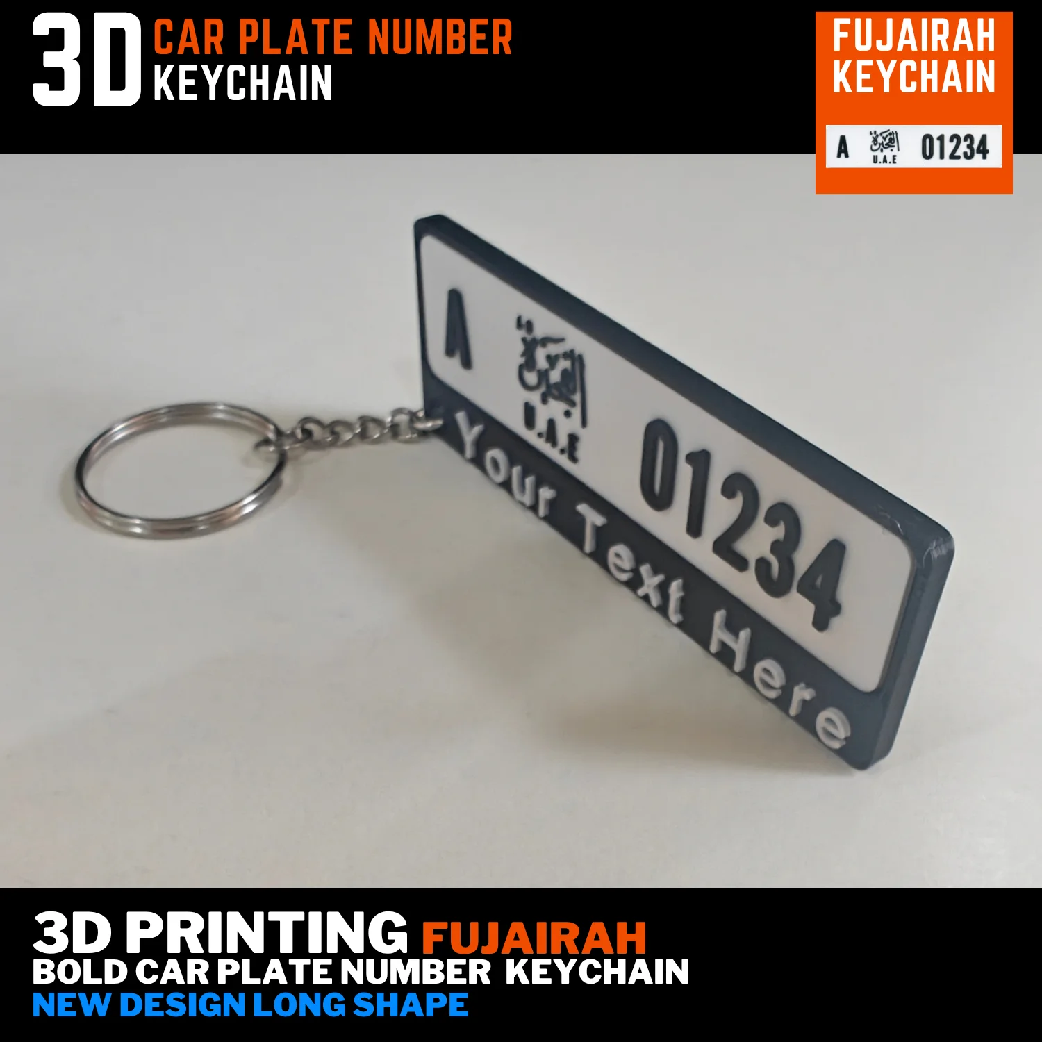 Fujairah new long plate keychain with a black logo, black plate number and a custom name bar